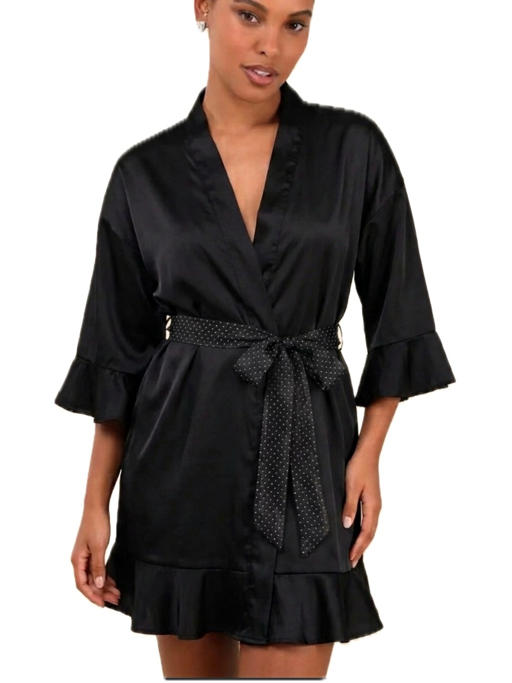 Birdy Grey Black Kenny Ruffle Satin Robe Womens Size M/L Tie Waist 3/4 Sleeve